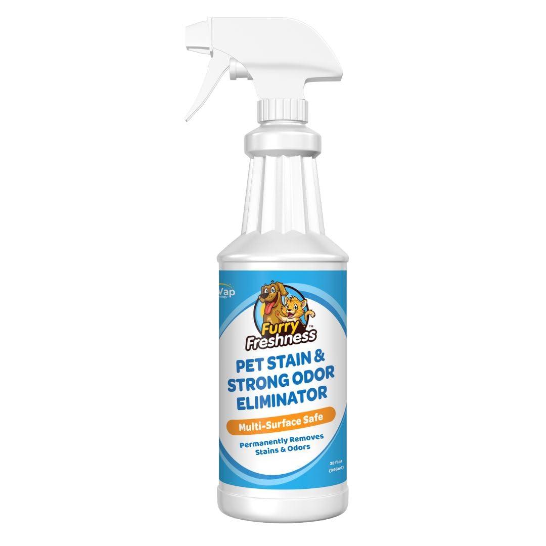FurryFreshness Extra Strength Cat or Dog Pee Stain & Permanent Odor Remover + Smell Eliminator -Removes Stains from Pets & Kids Including Urine or Blood- Lifts Old Carpet Stains- 32oz Spray