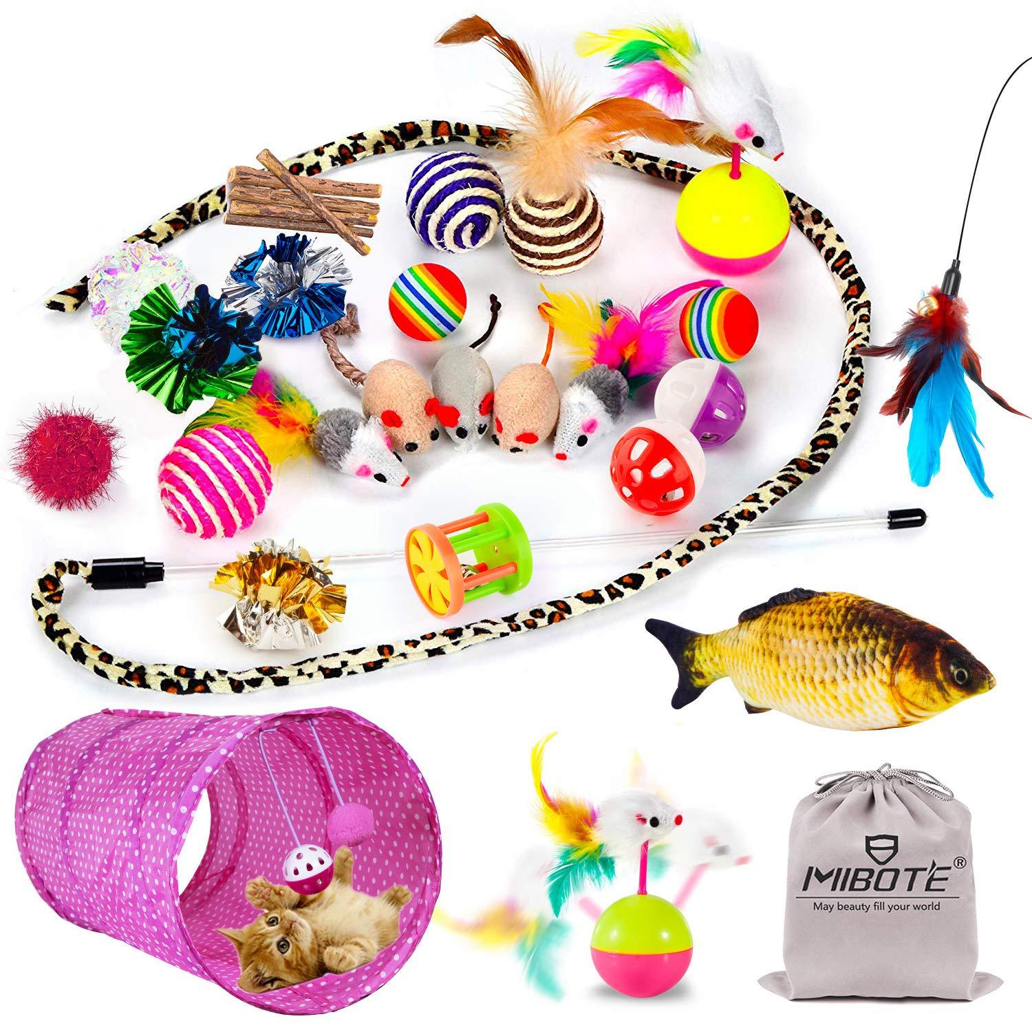 28 Pcs cat Toys Kitten Toys Assorted, cat Tunnel catnip Fish Feather Teaser Wand Fish Fluffy Mouse Mice Balls and Bells Toys for cat Puppy Kitty with Storage Bag
