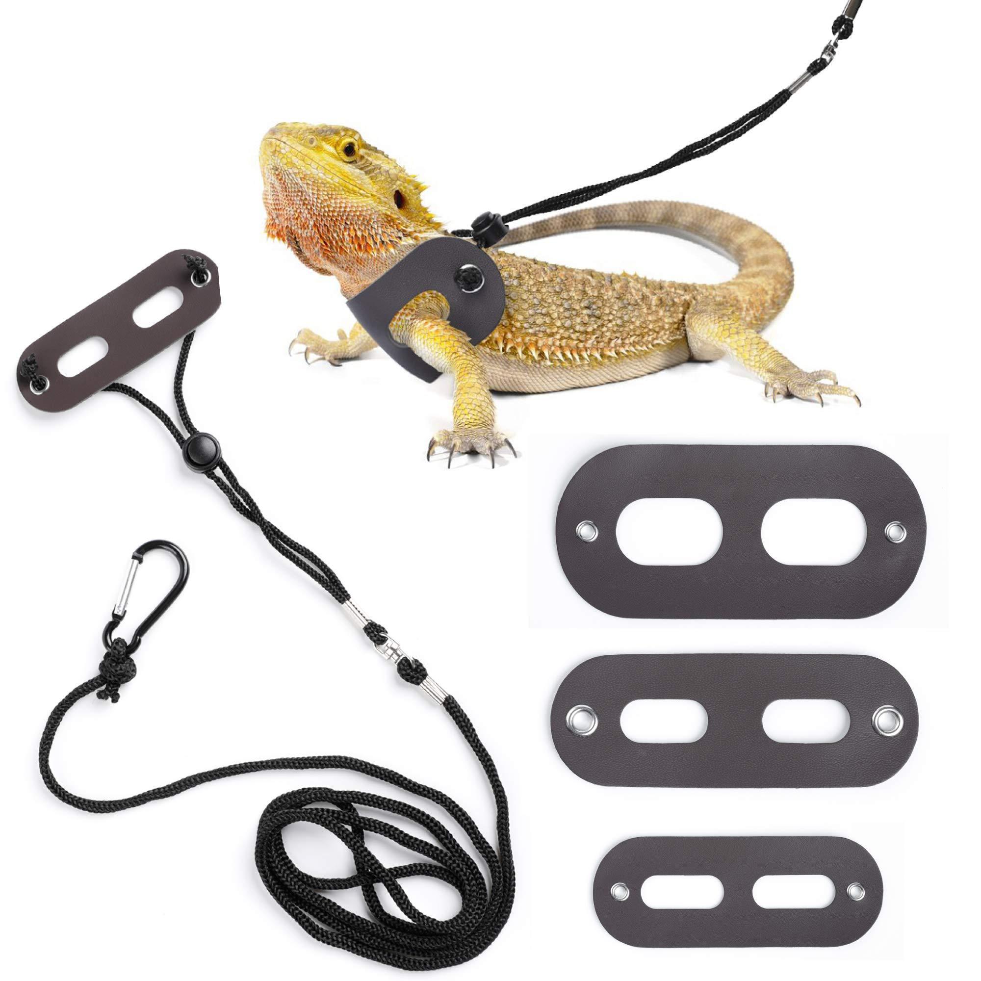 POLKASTORE Bearded Dragon Harness and Leash Adjustable(S,M,L, 3 Pack) - Soft Leather Reptile Lizard Leash for Amphibians and Other Small Pet Animals