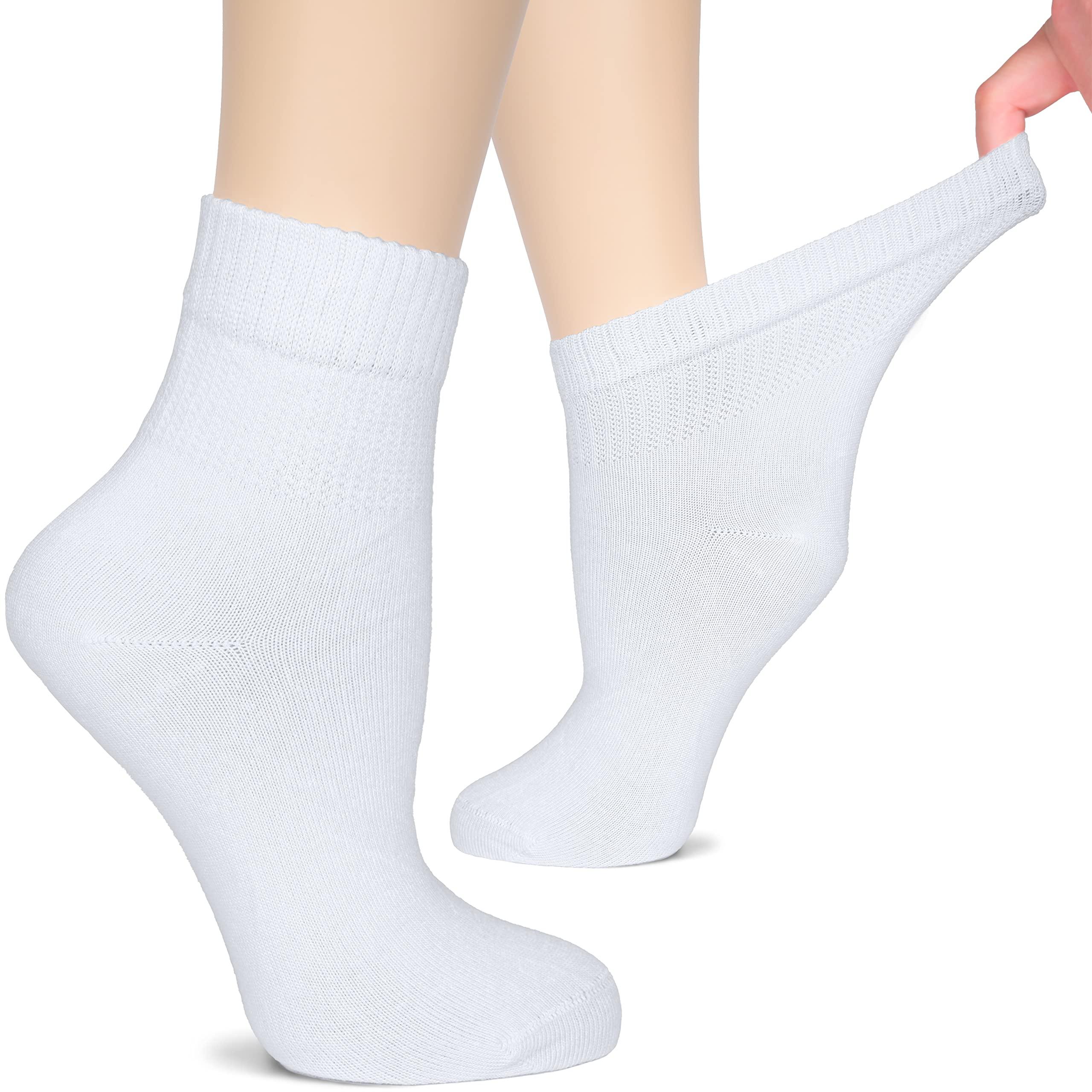Hugh Ugoli Womens Bamboo Ankle Loose Fit Diabetic Socks, Soft, Seamless Toe, Wide Stretchy, Non-Binding Top, 3 Pairs, White, Shoe Size: 6-9
