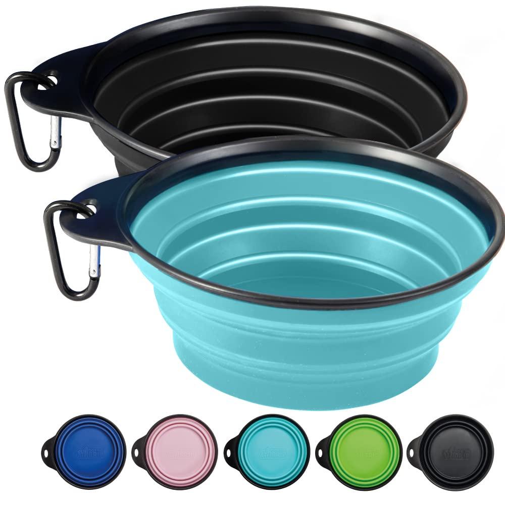 Gorilla Grip Collapsible Dog Bowl, Silicone Set of 2 Travel Bowls with Carabiner, Foldable and Portable Accessories for Cat and Dogs, Small Pet Hiking Supplies, Food and Water, 4 Cup, Black/Turquoise