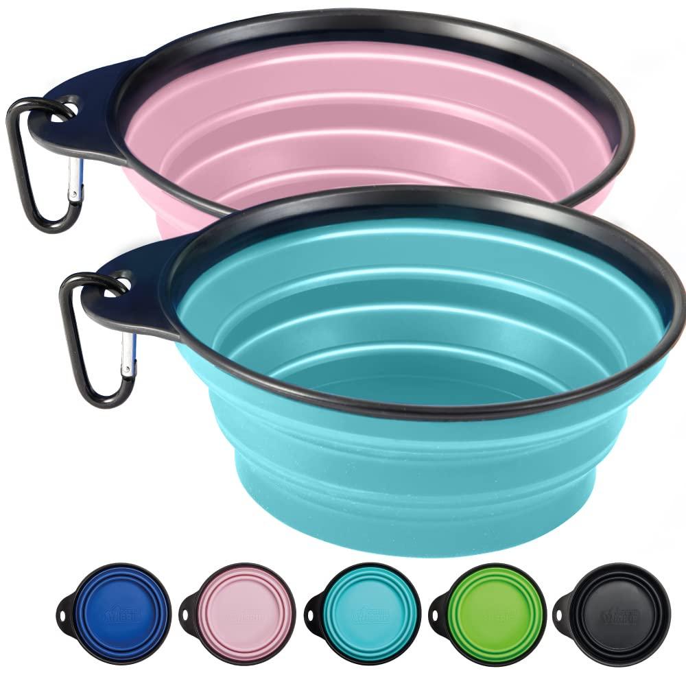 Gorilla Grip Collapsible Dog Bowl, Silicone Set of 2 Travel Bowls with Carabiner, Foldable and Portable Accessories for Cat and Dogs, Small Pet Hiking Supplies, Food and Water, 4 Cup, Pink/Turquoise