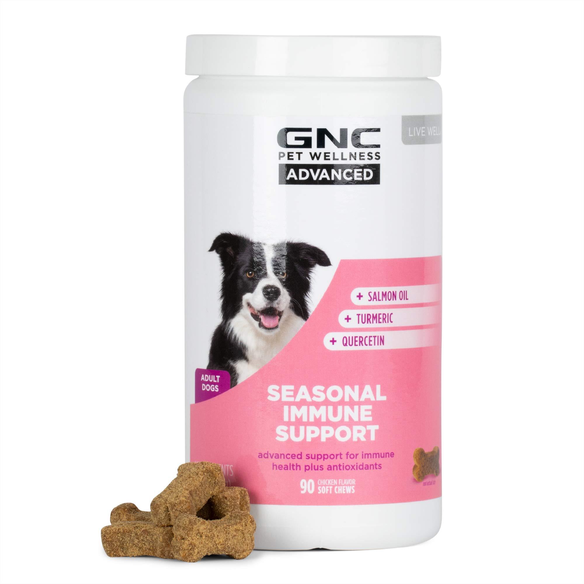 GNC Pets ADVANCED Seasonal Immune Support Dog Supplements 90 Ct Salmon Oil Dog Supplements for Skin and Respiratory Health Chicken Flavored Soft Chews with Salmon Oil, Turmeric, & Quercetin