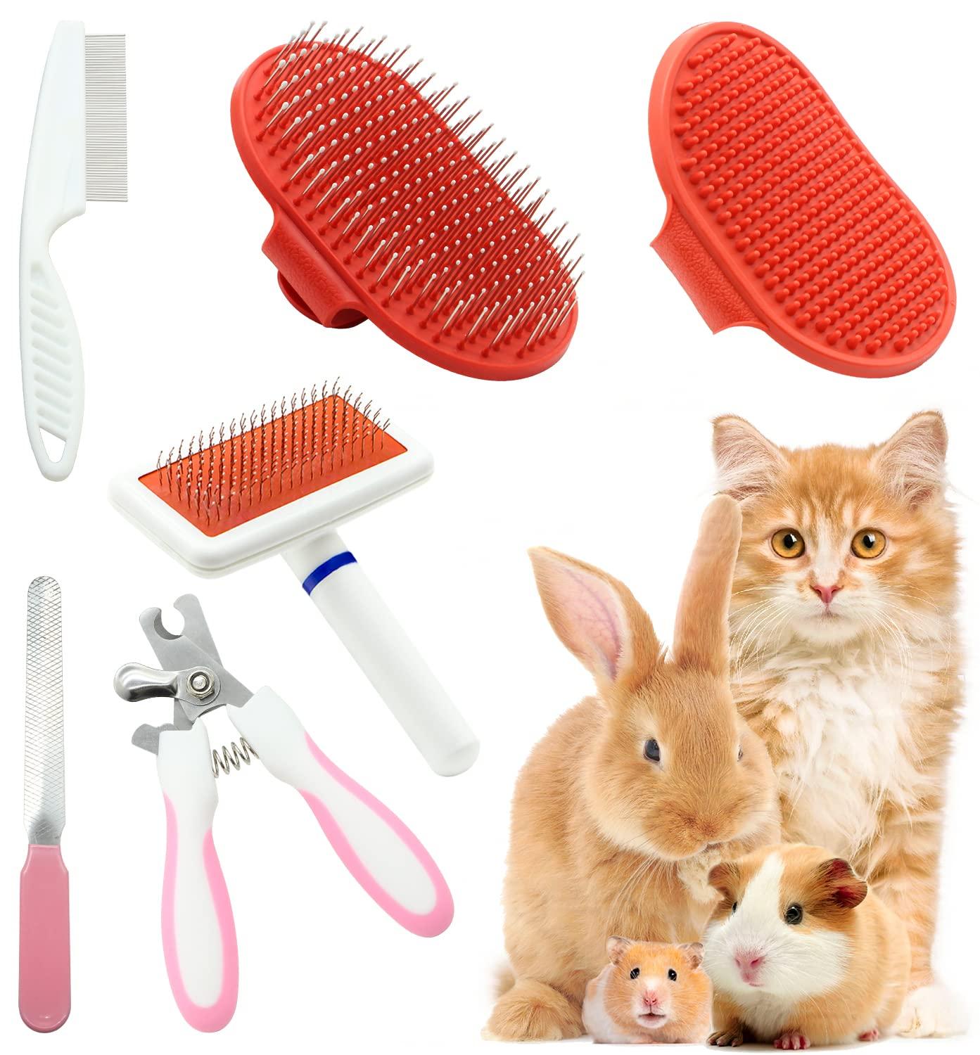 Rabbit Grooming Kit Set with Pet Shedding Slicker Brush Nail Clipper Trimmer Pet Massage Bath Glove Flea Comb for Bunny Puppy Kitten Guinea Pig Chinchilla Ferret Small Animals (Red, Pink)