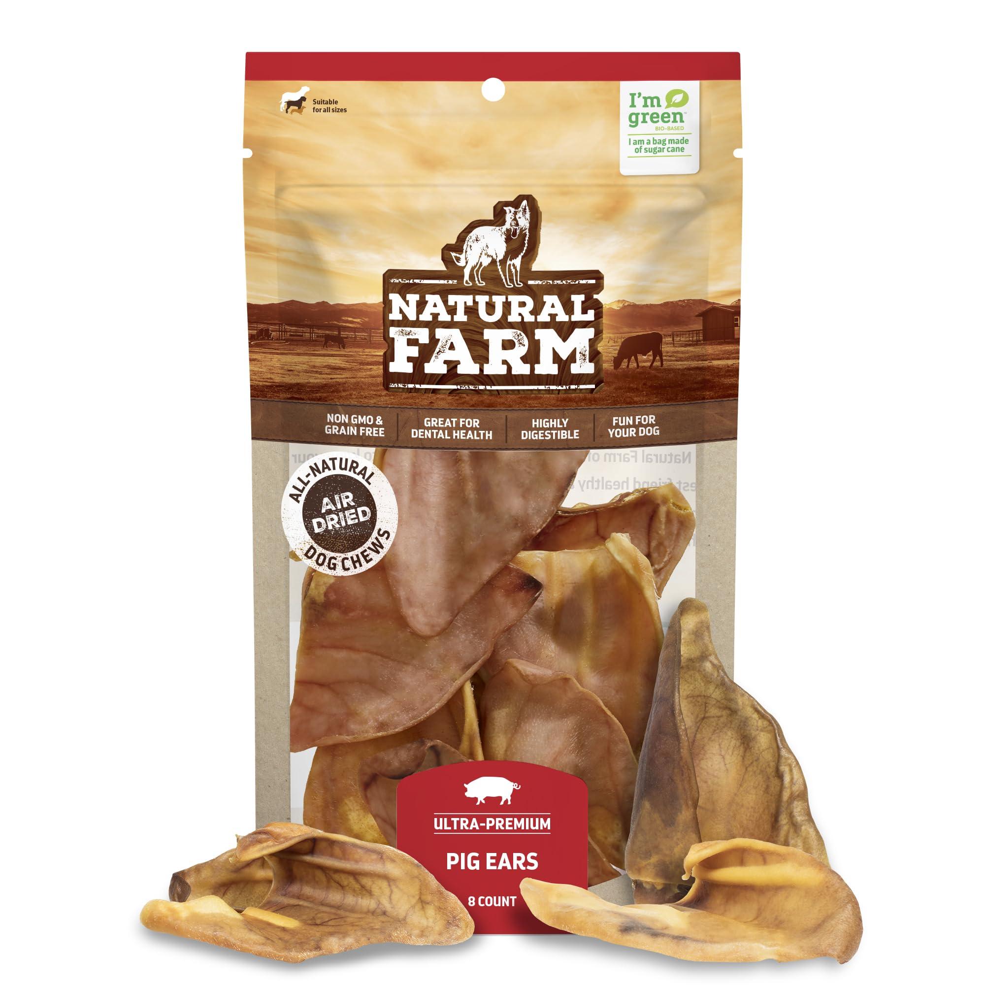 Natural Farm Pig Ears for Dogs (8-Pack), One Ingredient: Natural Whole Pigs Ears, Air Dried, Long-Lasting & Highly Digestible Treats, Great for Puppy and Large/Medium Dogs
