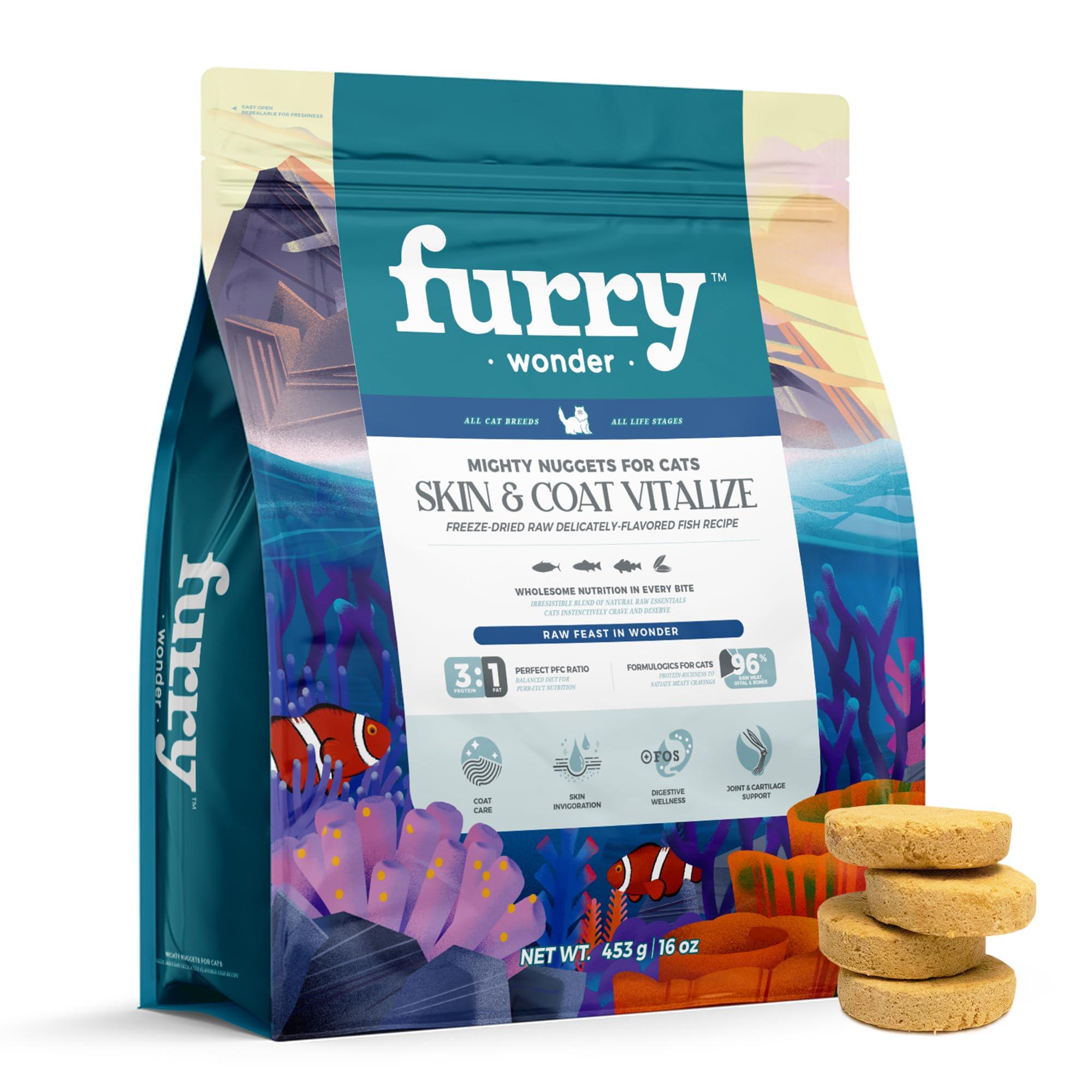 FURRY WONDER Freeze Dried Raw Cat Food Grain Free Mighty Nuggets for Cats 16oz High Protein Cat Food for All Breeds and Life Stages (16 Ounce (453g), Skin & Coat Vitalize)
