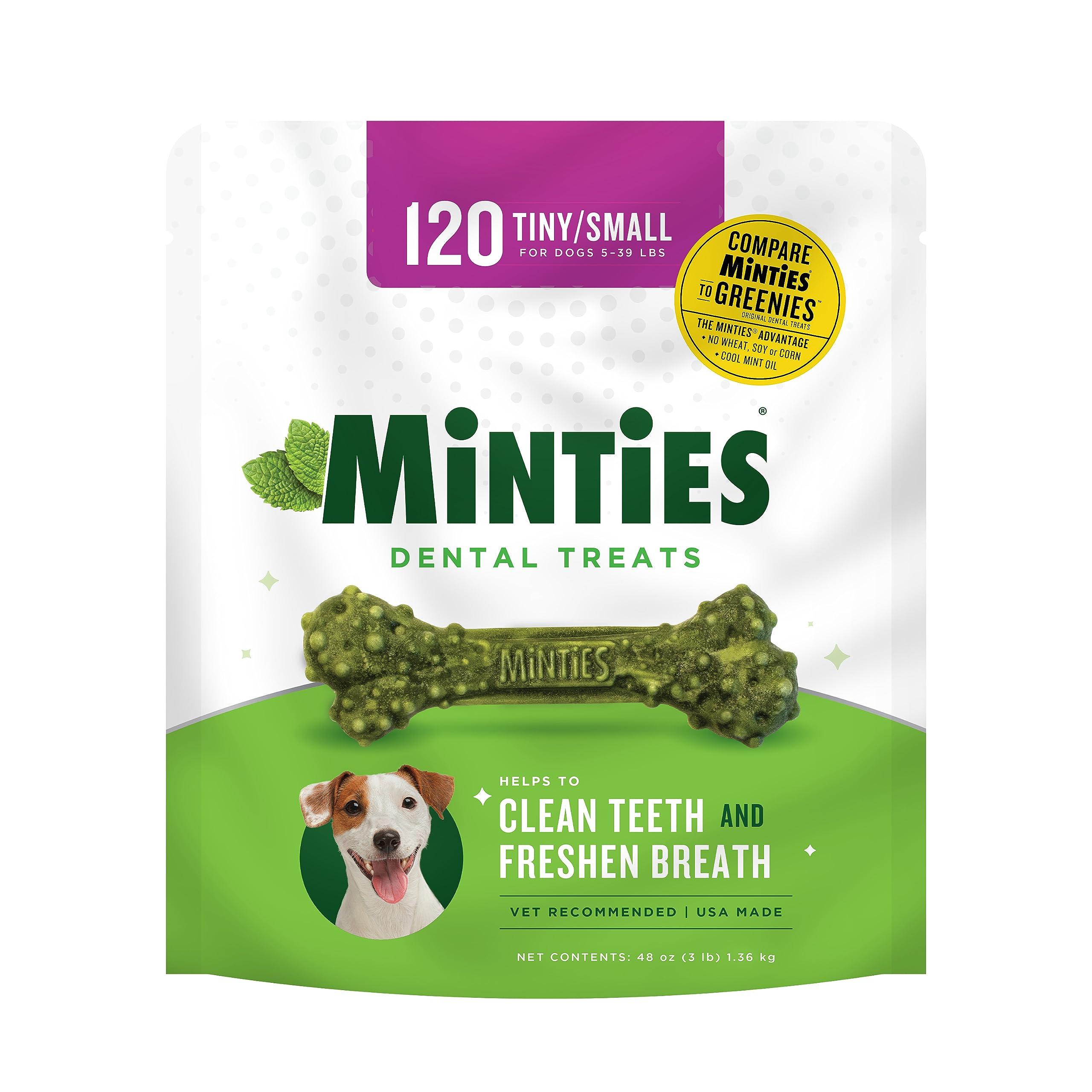 Minties Dental Chews for Dogs, Vet-Recommended Mint-Flavored Dental Treats for Tiny/Small Dogs 5-39 lbs, Dental Bones Clean Teeth, Fight Bad Breath, and Removes Plaque and Tartar, 120 Count
