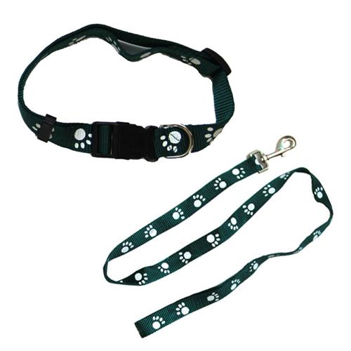 Paw Print Adjustable Collar with Leash (set of 2) Asst 3 - Green