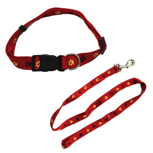 Paw Print Adjustable Collar with Leash (set of 2) Asst 2 - Red