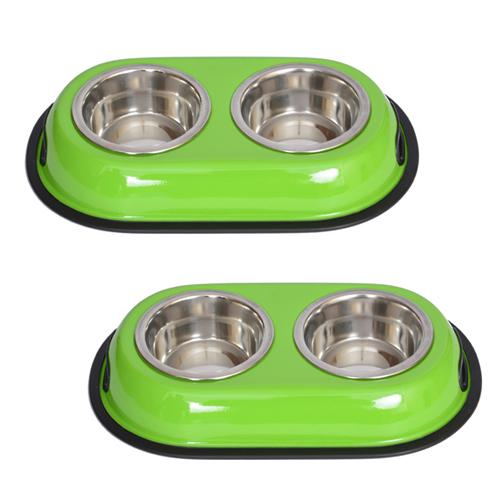 (Set of 2) - Color Splash Stainless Steel Double Diner (Green) for Dog/Cat - 1 Qt - 32 oz - 4 cup