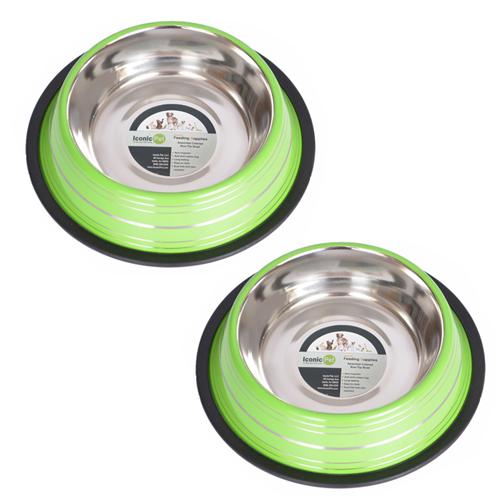 (Set of 2) - Color Splash Stripe Non-Skid Pet Bowl for Dog or Cat - Green - 16 oz - 2 cup