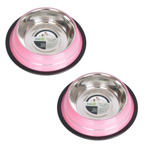 (Set of 2) - Color Splash Stripe Non-Skid Pet Bowl for Dog or Cat - Pink - 16 oz - 2 cup